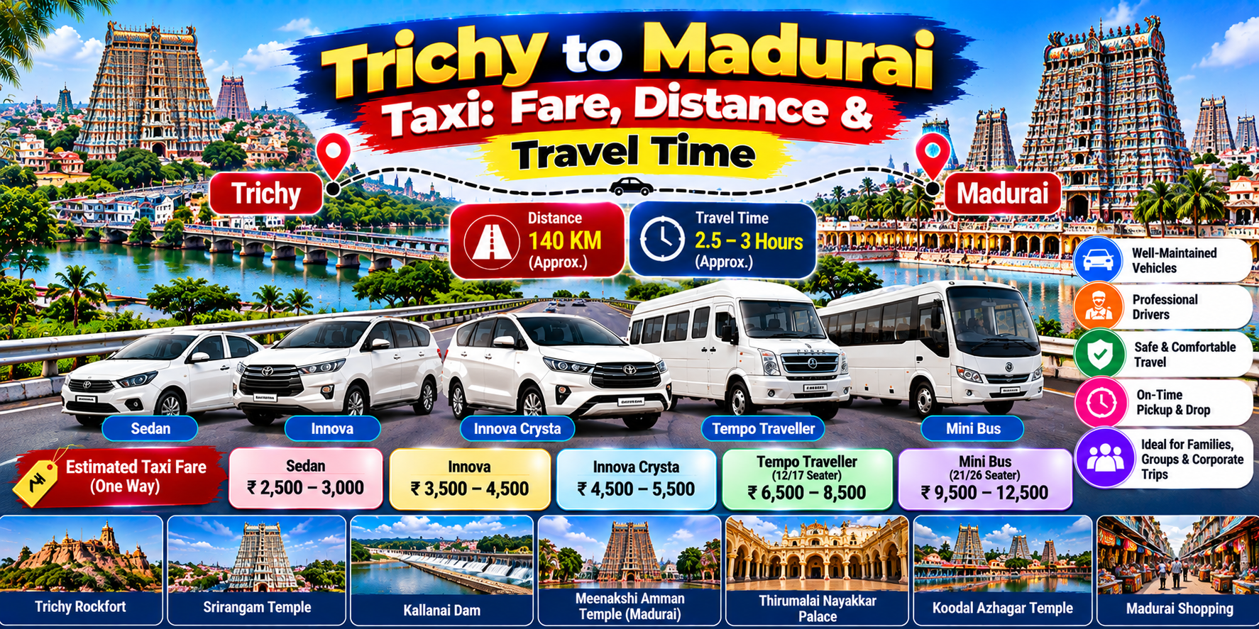 Trichy to Madurai Taxi: Fare, Distance & Travel Time