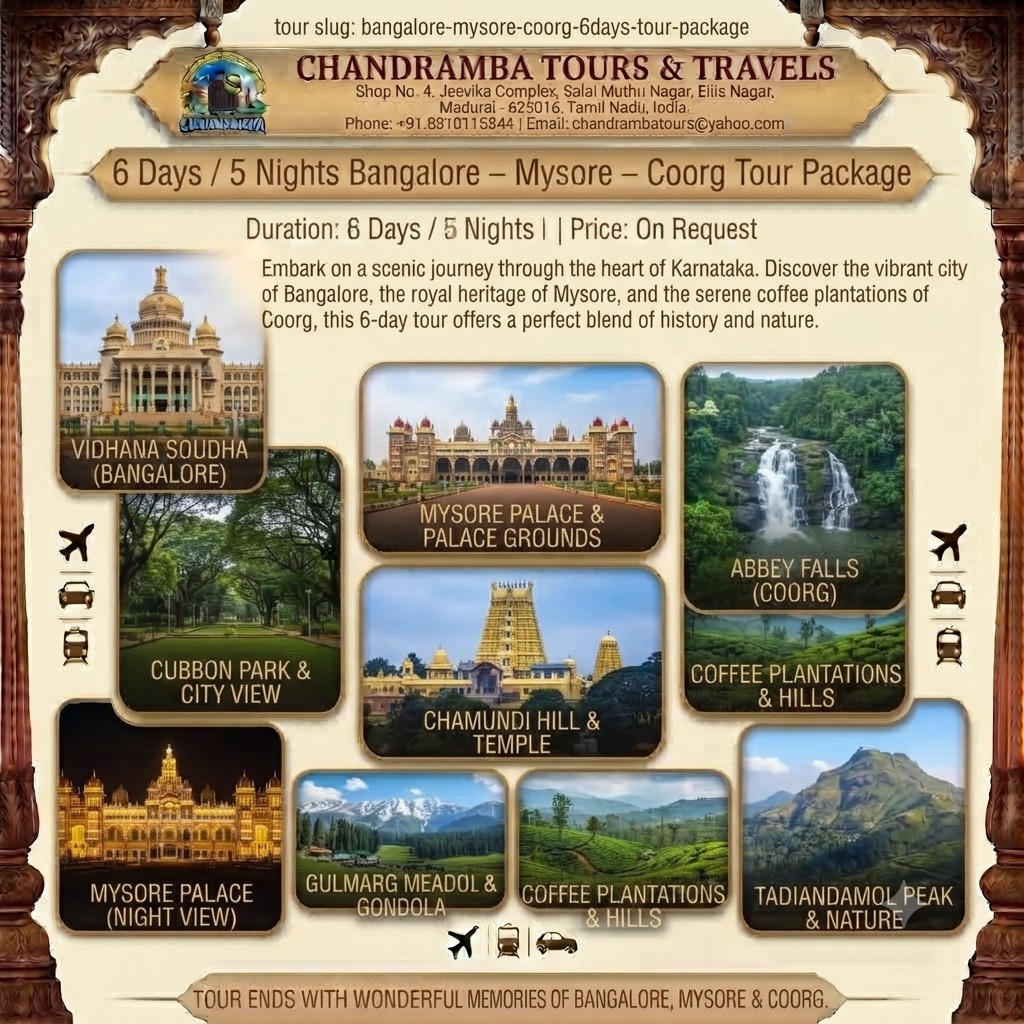6 Days / 5 Nights Bangalore – Mysore – Coorg Tour Package