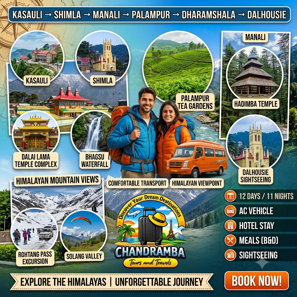 12 Days Kasauli – Shimla – Manali – Palampur – Dharamshala – Dalhousie Tour Package