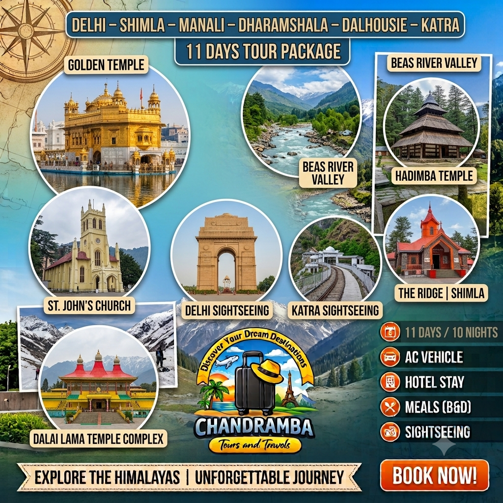11 Days Delhi – Shimla – Manali – Dharamshala – Dalhousie – Katra Tour Package