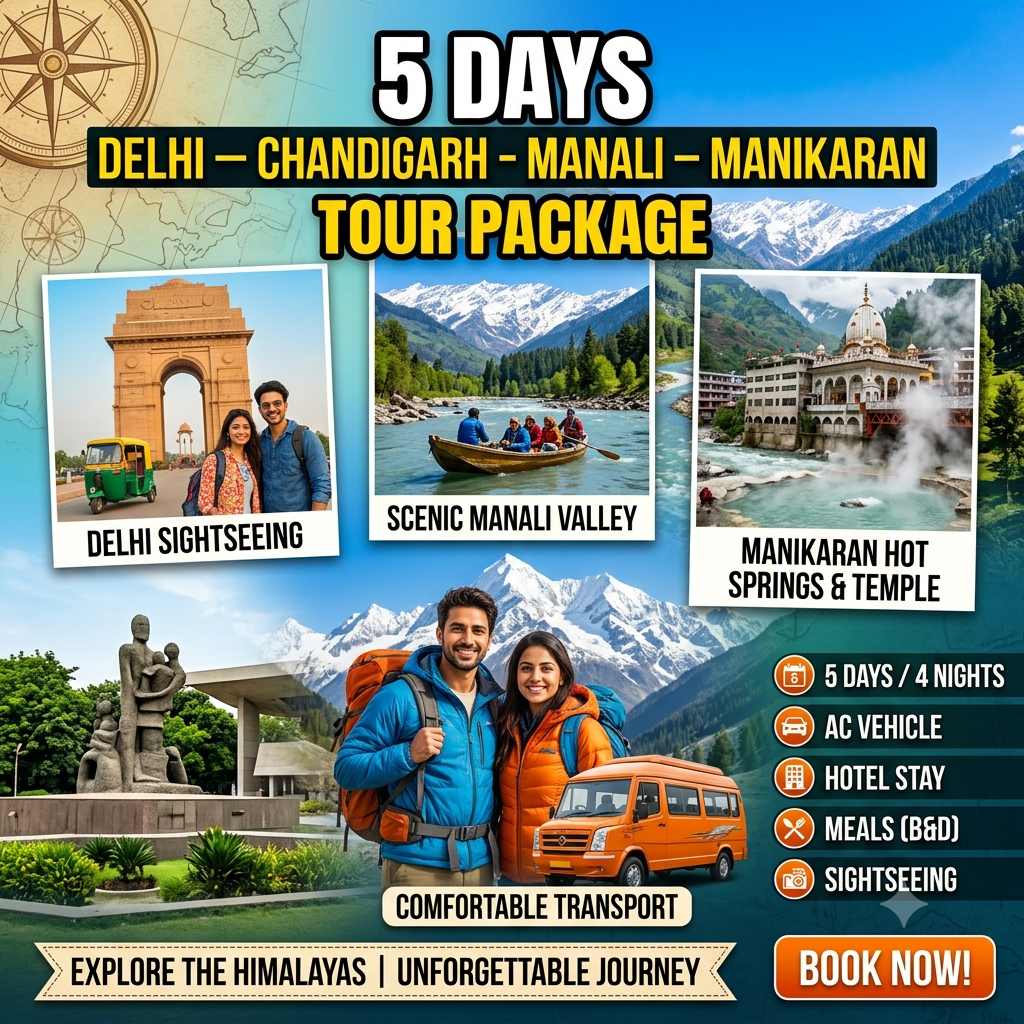 5 Days Delhi – Chandigarh – Manali – Manikaran Tour Package