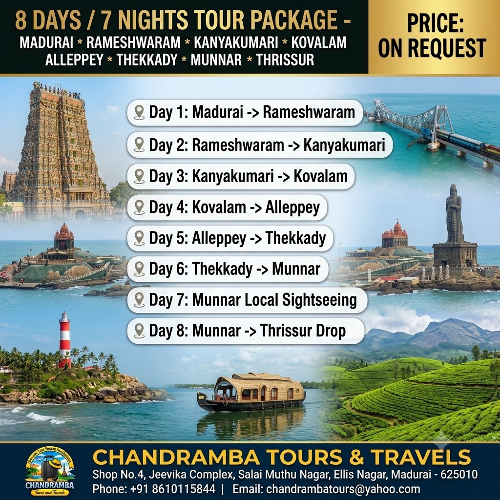 Madurai, Rameshwaram, Kanyakumari, Kovalam, Alleppey, Thekkady & Munnar 8 Days Tour Package