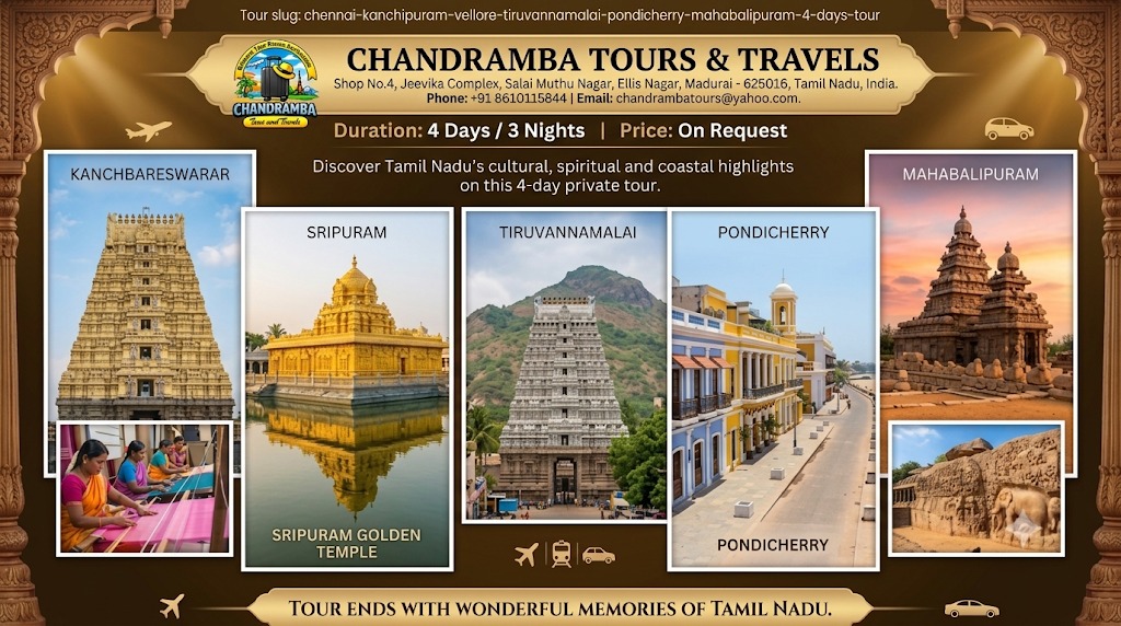 4 Days / 3 Nights Chennai – Kanchipuram – Vellore – Tiruvannamalai – Pondicherry – Mahabalipuram Tour Package